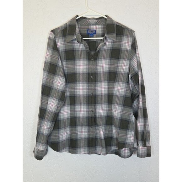 PENDLETON Women's Button Down Flannel Shirt Gray & Green Pink Size Large - Picture 1 of 5